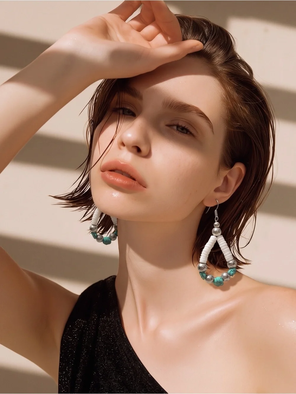 Handmade White & Turquoise Beaded Hoop Earrings - Women Jewelry☑️